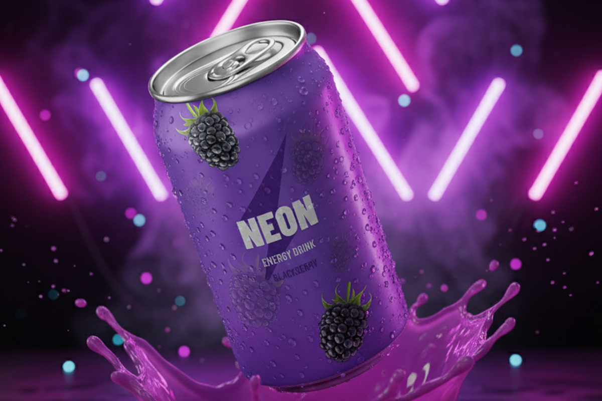 Neon Blackberry Energy Drink purple can with blackberries and neon lights