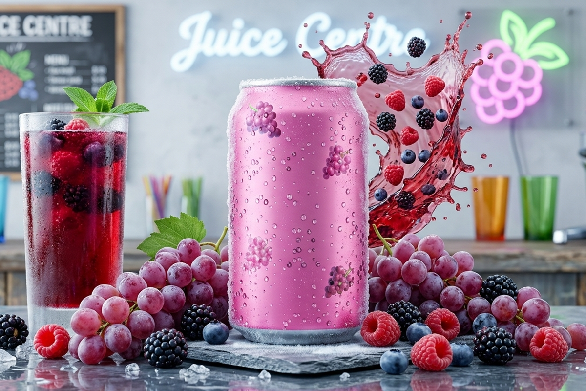 Juice Centre Mixed Berry pink can surrounded by grapes, raspberries, blackberries and blueberries with a berry splash