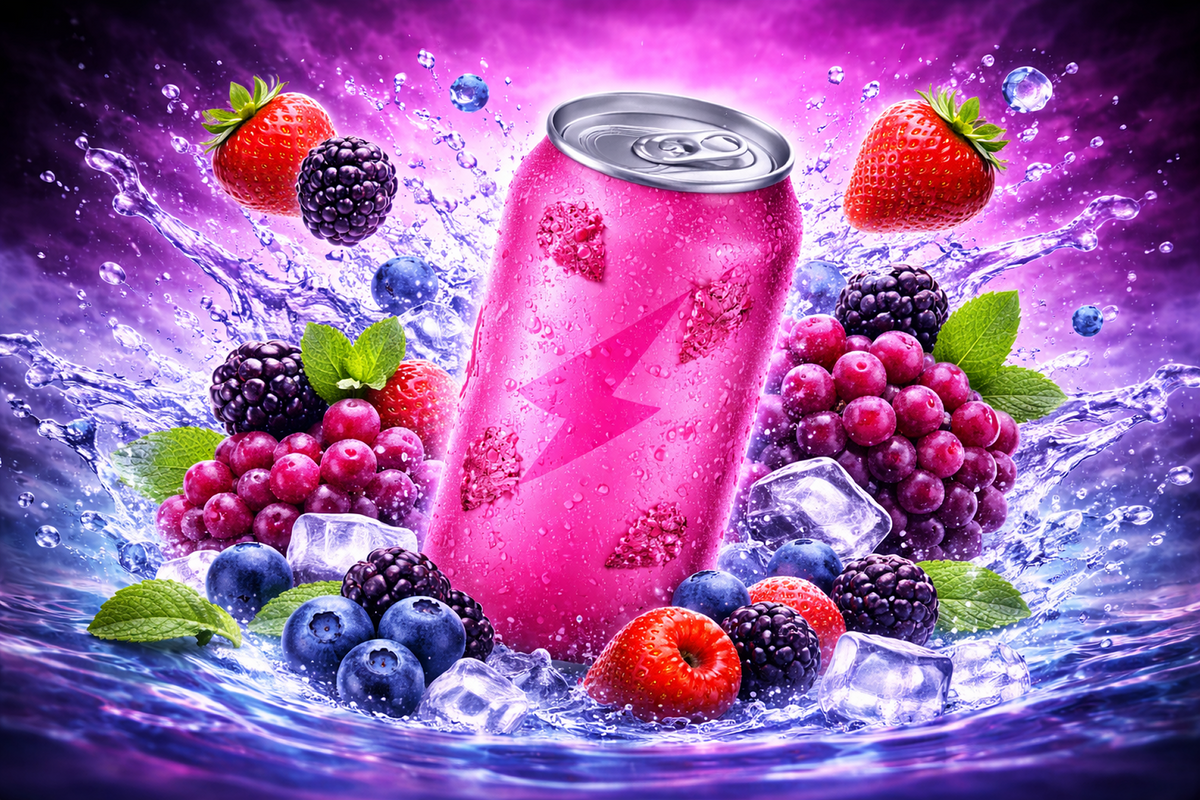 Berry Burst Energy Drink can surrounded by fresh berries and ice