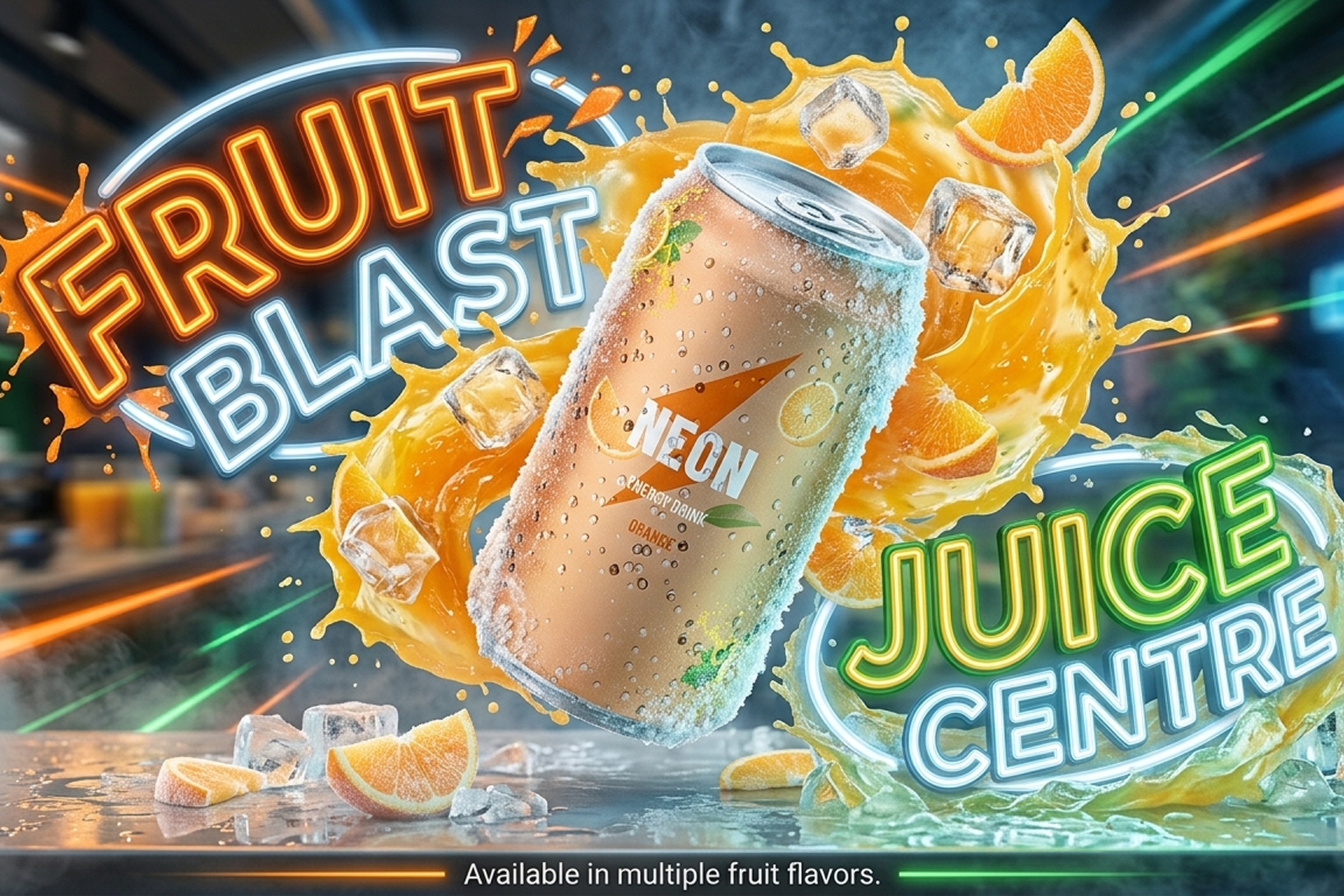 Neon Fruit Blast orange energy drink can with fruit splash and neon signs