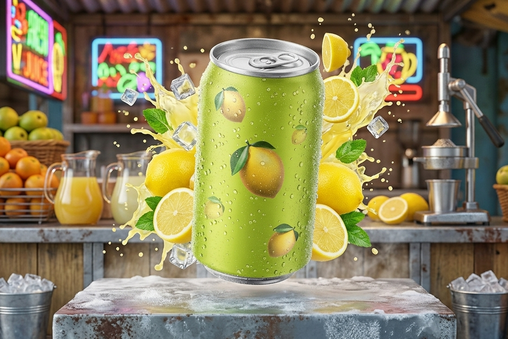 Juice Centre Lemon Drink green can surrounded by fresh lemons, mint and ice at a juice bar
